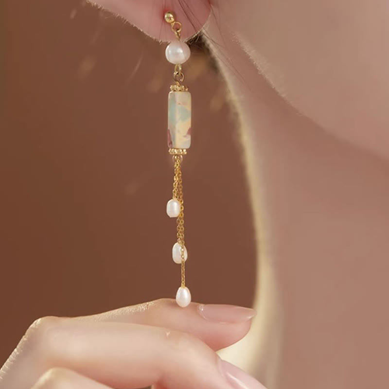 Nimara Ritual 925 Sterling Silver Posts Shoushan Stone Pearl Healing Drop Earrings