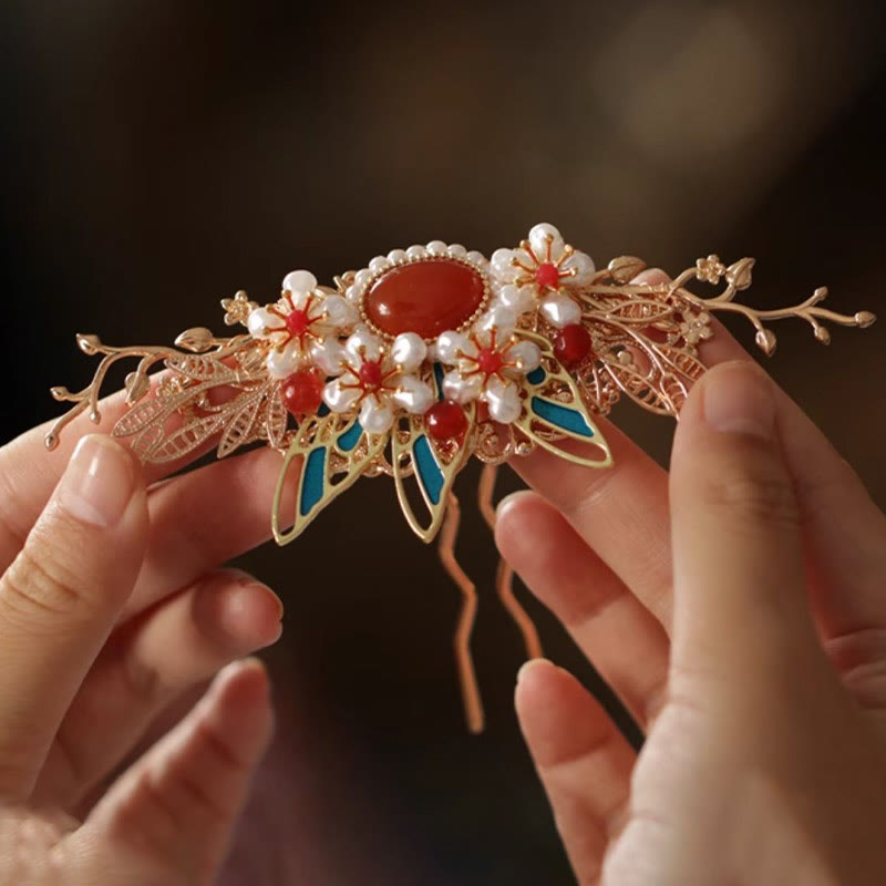 Nimara Ritual Classical Chinese Style Flower Branche Butterfly Pearl Tassel Hair Clip Hair Comb Hair Crown