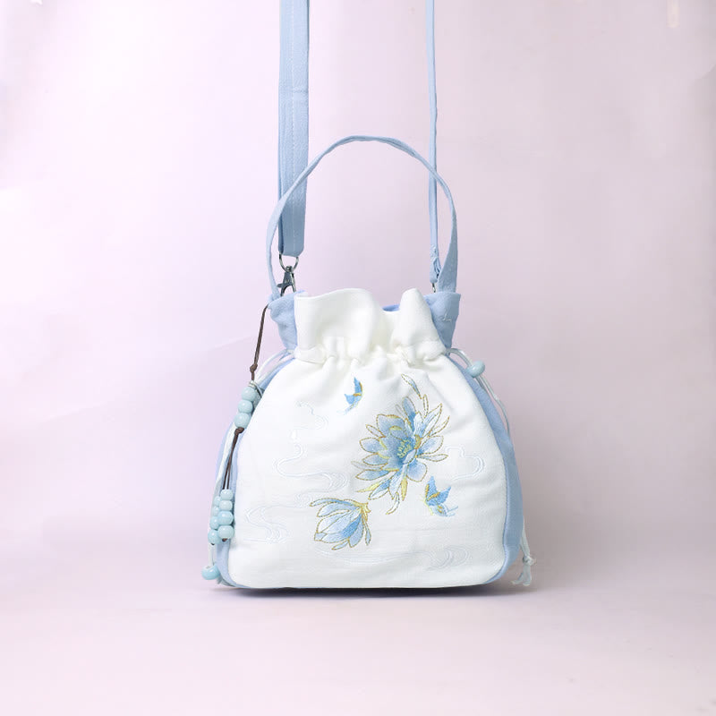 Nimara Ritual Embroidered Butterfly Lotus Magnolia Cotton Linen Tote Crossbody Bag Shoulder Bag Handbag