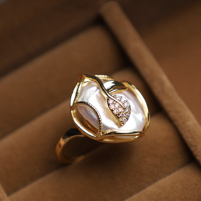 Nimara Ritual Pearl Copper Plated Gold Flower Happiness Wealth Ring