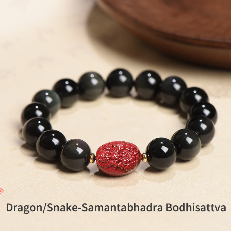 Nimara Ritual Chinese Zodiac Natal Buddha Natural Black Obsidian Cinnabar Purification Bracelet