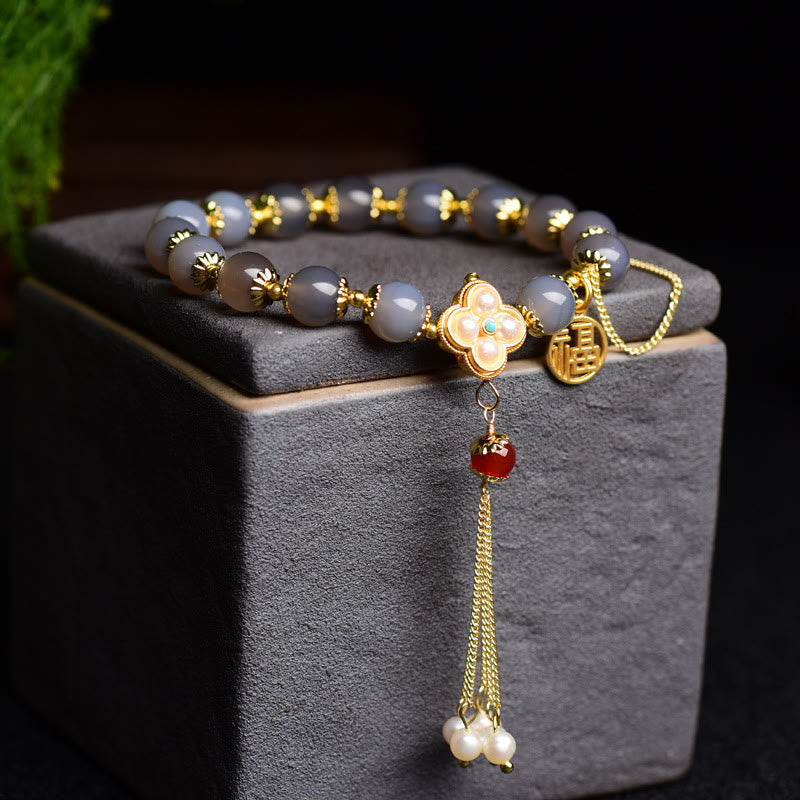 Nimara Ritual Natural Gray Agate Fu Character Pearl Tassel Balance Bracelet