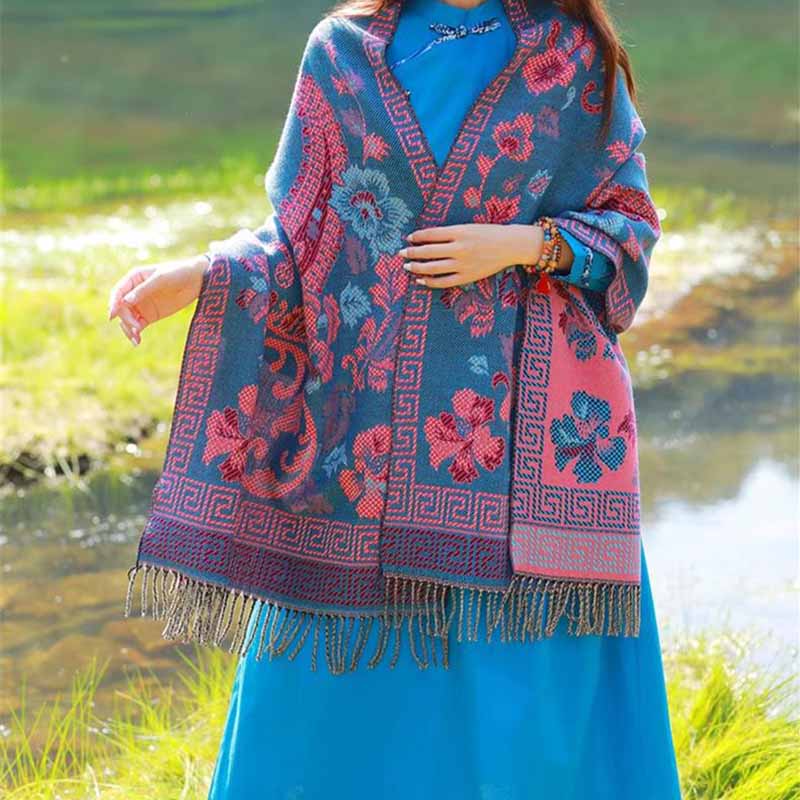 Nimara Ritual Tibetan Flowers Leaves Pattern Design Shawl Cozy Travel Scarf Wrap