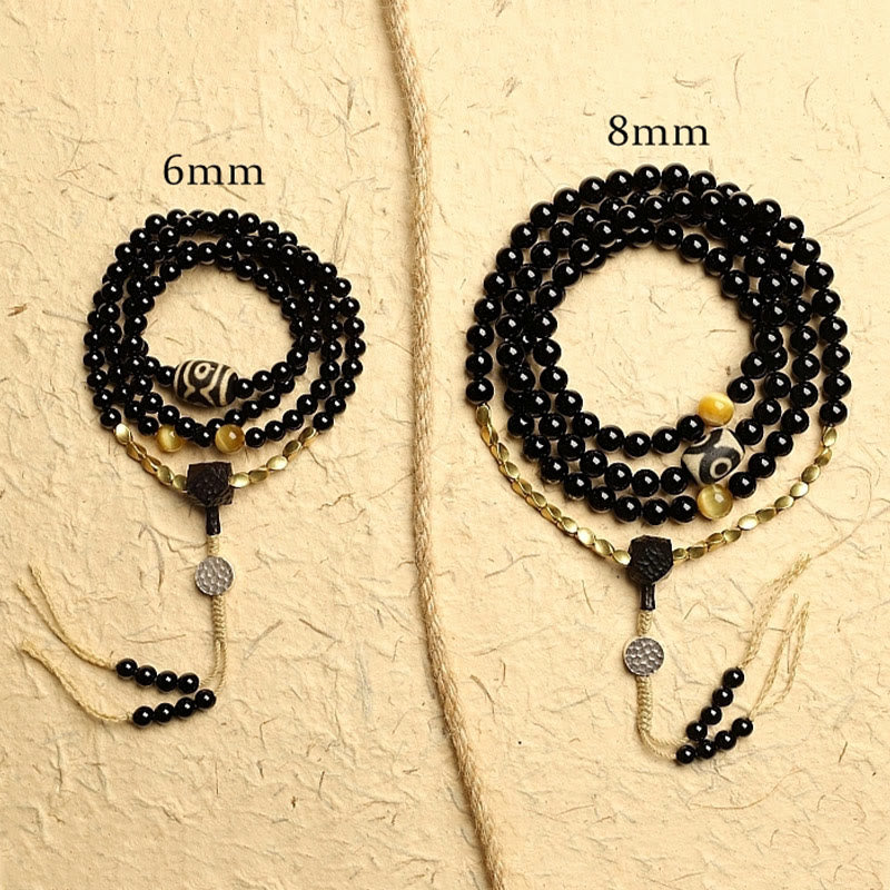 Nimara Ritual Tibetan 108 Mala Beads Black Onyx Three-eyed Dzi Beads Protection Bracelet