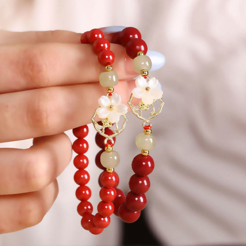 Nimara Ritual Natural Cinnabar Jade Beaded Tridacna Stone Flower Blessing Bracelet