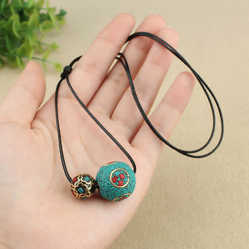Nimara Ritual Tibetan Turquoise Double Bead Protection Strength Necklace Pendant