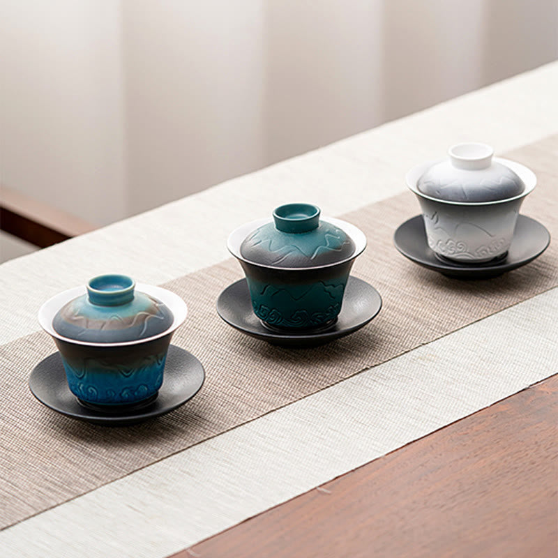 Nimara Ritual Retro Blue Ocean Sea Waves Gradient Ceramic Gaiwan Sancai Teacup Kung Fu Tea Cup And Saucer With Lid