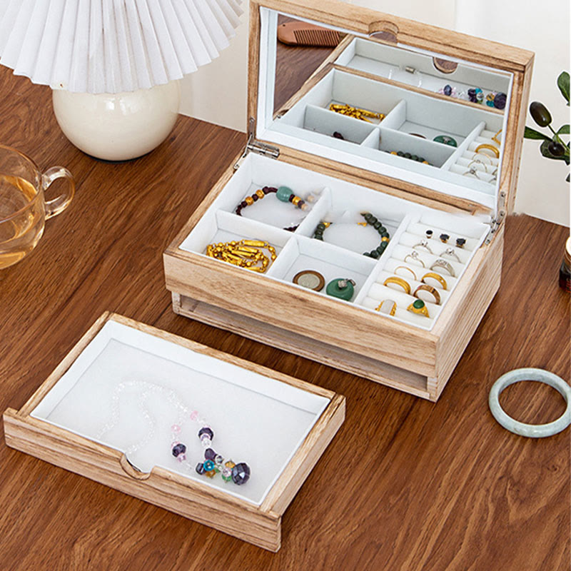 Nimara Ritual Retro Beige Wooden Jewelry Box Two-Layer Jewelry Storage Box With Mirror