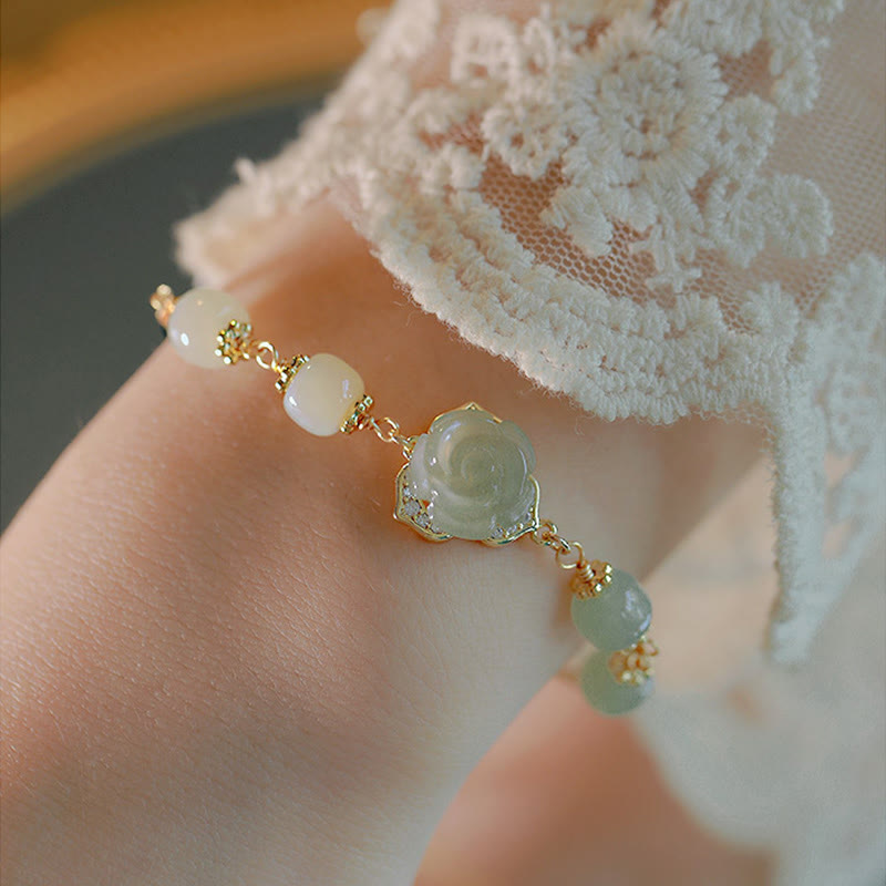 Nimara Ritual 14K Gold Plated Hetian Jade Rose Flower Luck Chain Bracelet