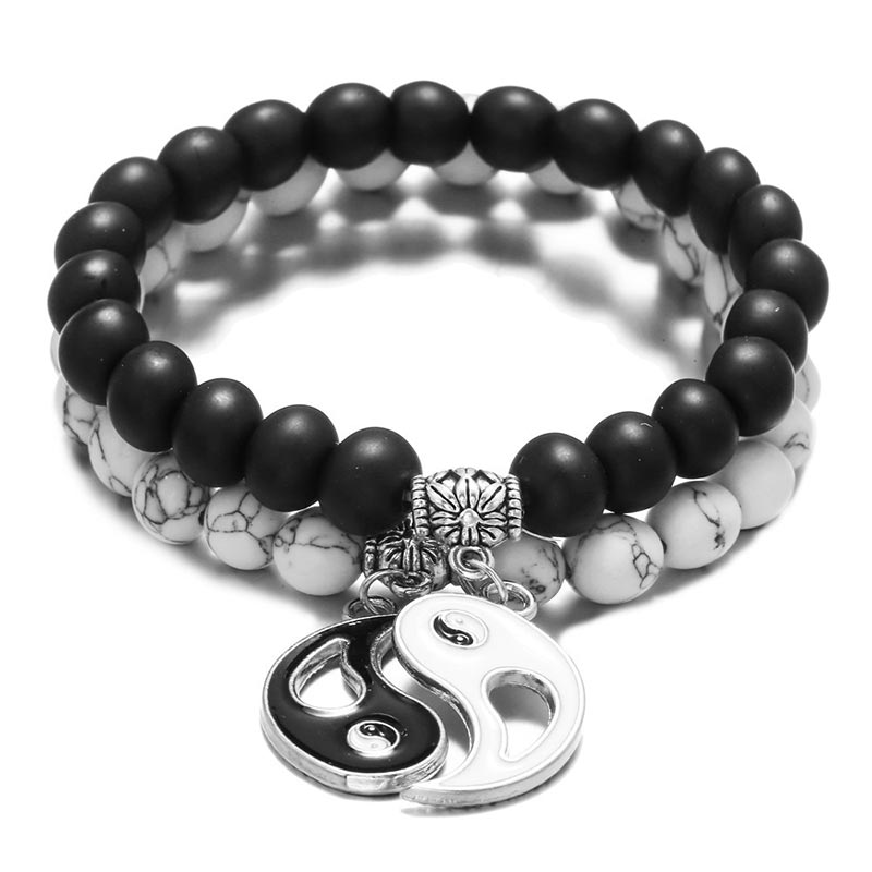 Nimara Ritual 2pcs Natural Black Onyx White Turquoise Bead Yin Yang Couple Bracelet