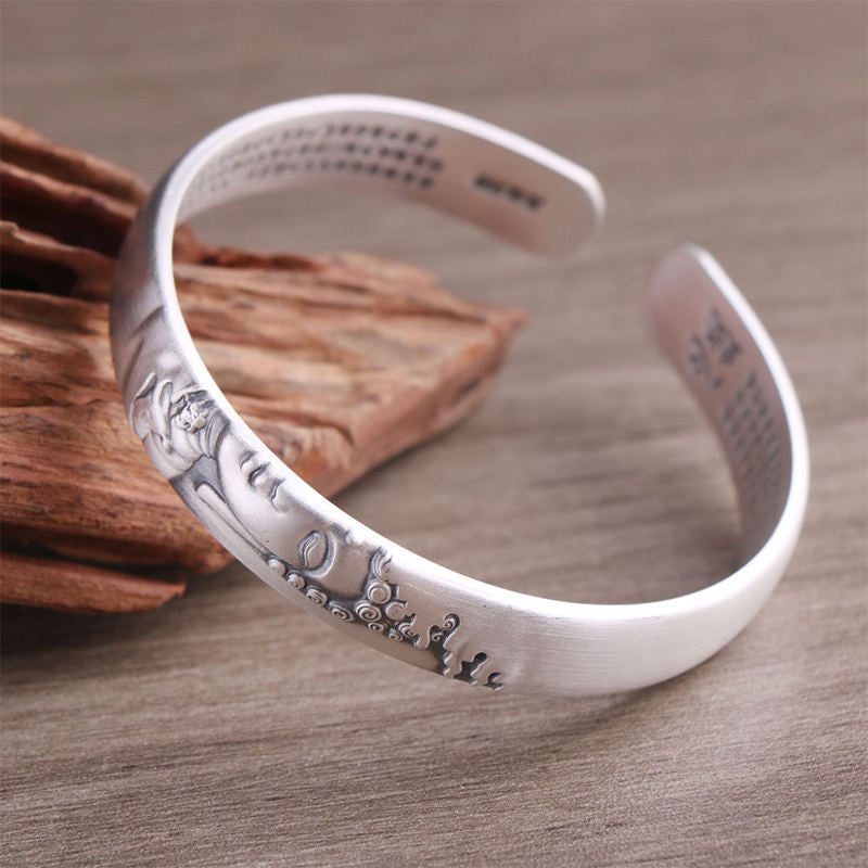 Nimara Ritual 999 Sterling Silver Buddha Head Heart Sutra Serenity Bracelet Bangle