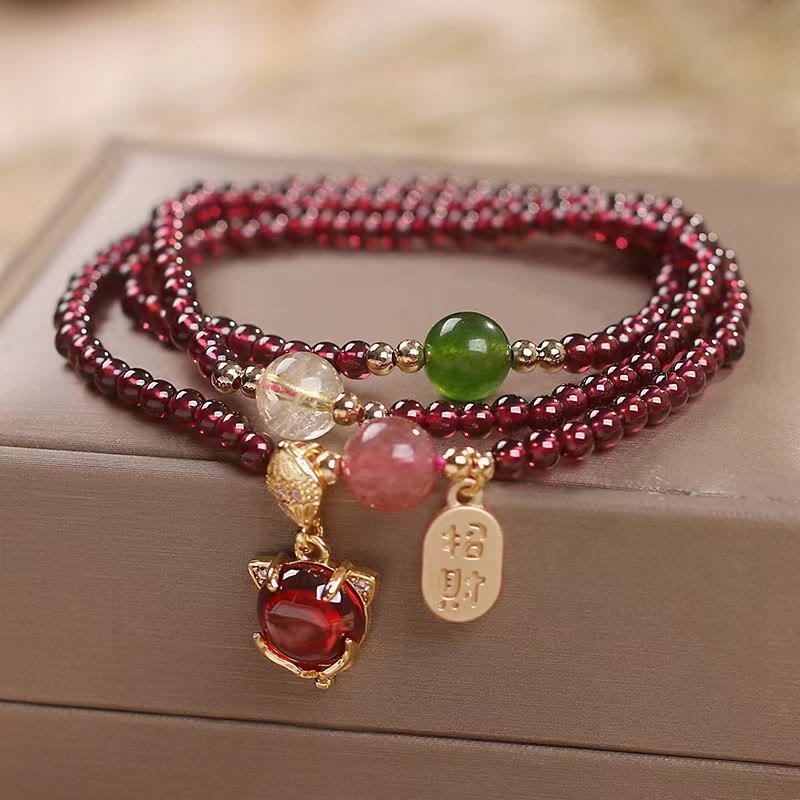 Nimara Ritual Natural Garnet Strawberry Quartz Crystal Fox Koi Fish Peace Buckle Fortune Protection Triple Wrap Bracelet
