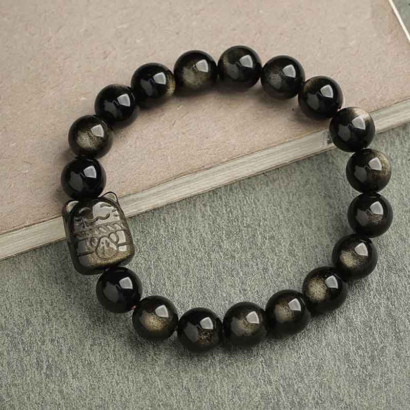 Nimara Ritual Gold Sheen Obsidian Silver Sheen Obsidian Lovely Paw Lucky Cat Protection Bracelet