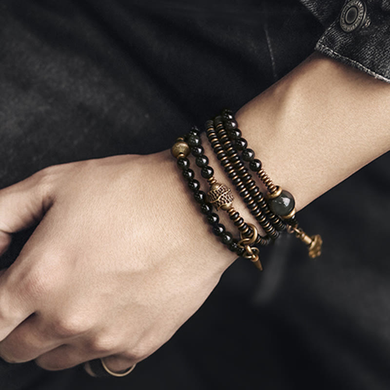 Nimara Ritual Rainbow Obsidian Ebony Wood Copper Positive Multilayer Bracelet