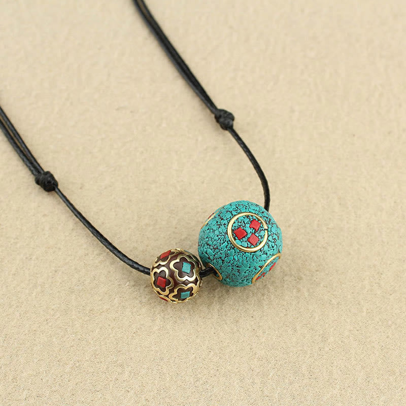 Nimara Ritual Tibetan Turquoise Double Bead Protection Strength Necklace Pendant