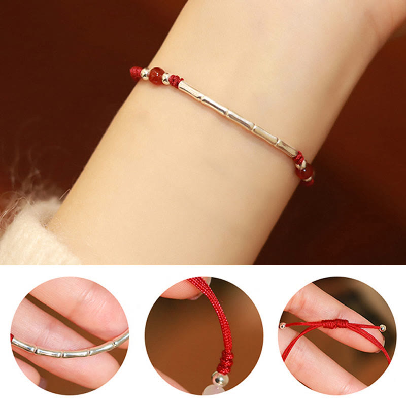 Nimara Ritual 925 Sterling Silver Bamboo White Agate Red Agate Bead Protection String Braided Bracelet