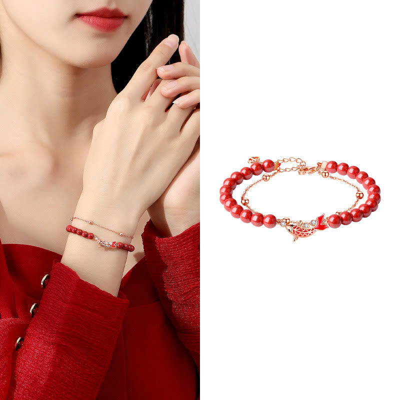 Nimara Ritual 925 Sterling Silver Lucky Koi Fish Cinnabar Zircon Prosperity Double Layer Chain Bracelet