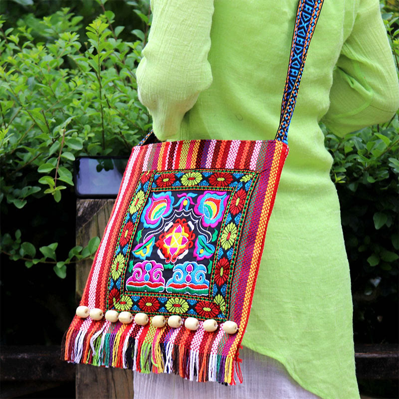 Nimara Ritual Tibetan Handmade Embroidered Camellia Canvas Shoulder Bag Crossbody Bag