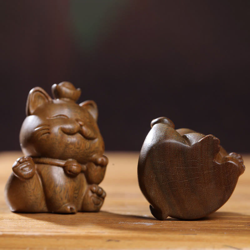 Nimara Ritual Mini Green Sandalwood Ingot Lucky Cat Carved Peace Desk Decorations