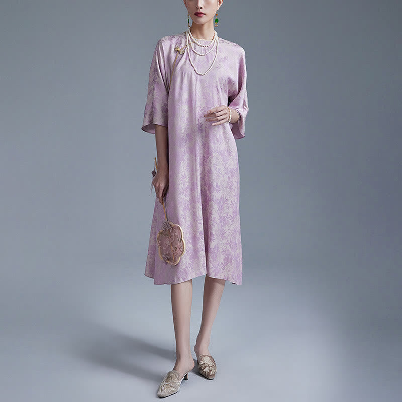 Nimara Ritual Small Flower Leaf Jacquard Chinese Cheongsam Qipao Midi Dress With Pockets