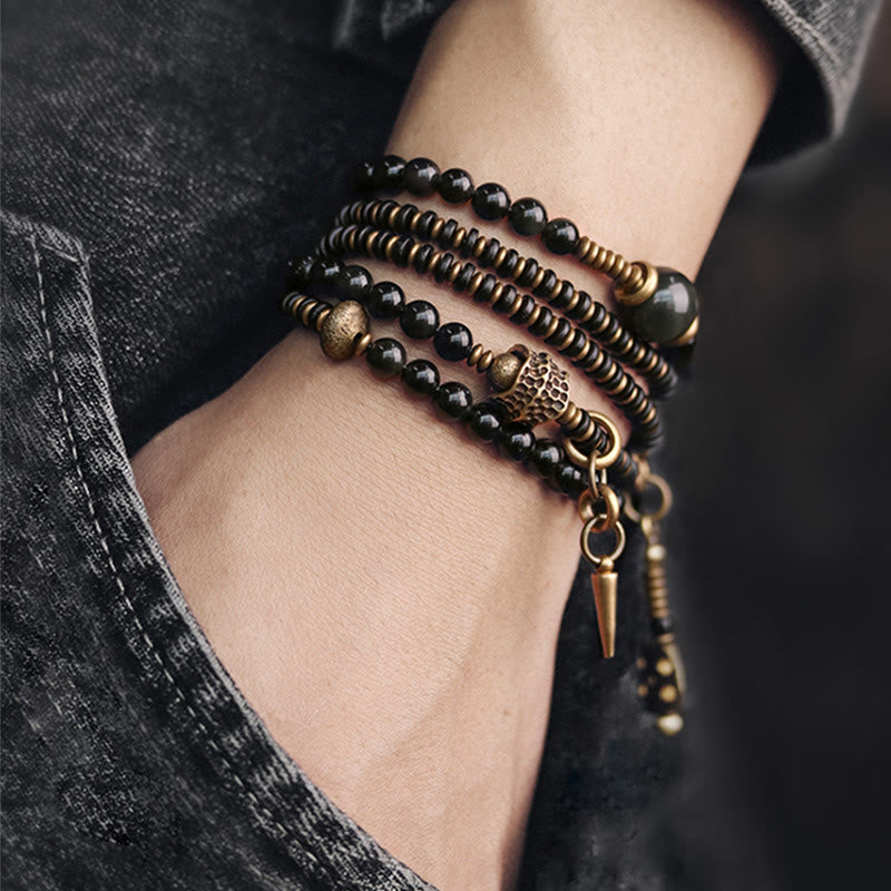 Nimara Ritual Rainbow Obsidian Ebony Wood Copper Positive Multilayer Bracelet