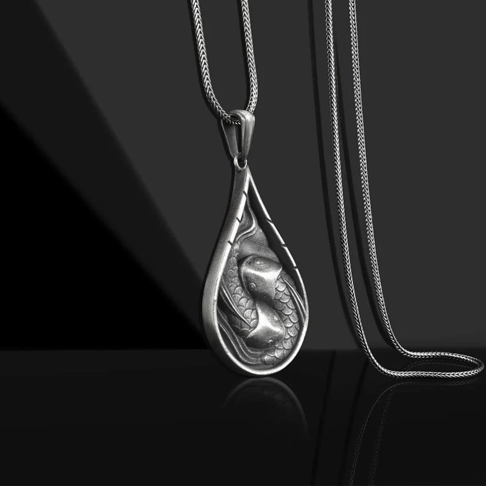 Nimara Ritual Double Lucky Koi Fish Prosperity Pure Tin Water Drop Pattern Necklace Pendant