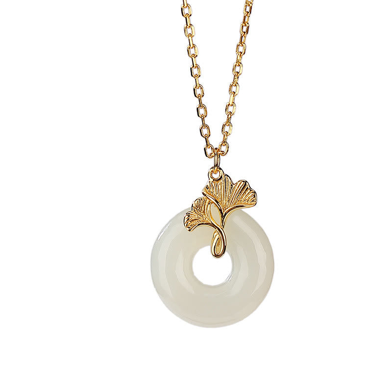 Nimara Ritual 925 Sterling Silver Natural Hetian Jade Ginkgo Leaf Peace Buckle Luck Necklace Pendant