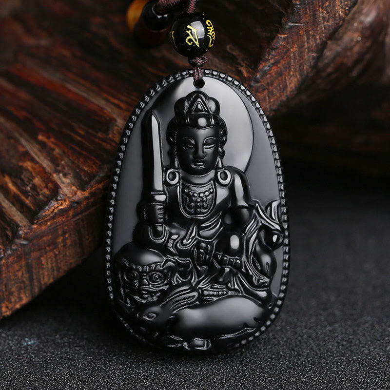 Nimara Ritual Chinese Zodiac Natal Buddha Natural Black Obsidian Purification Necklace Pendant