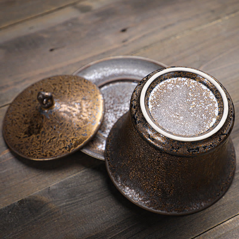 Nimara Ritual Retro Rust Glaze Ceramic Gaiwan Sancai Teacup Kung Fu Tea Cup And Saucer With Lid