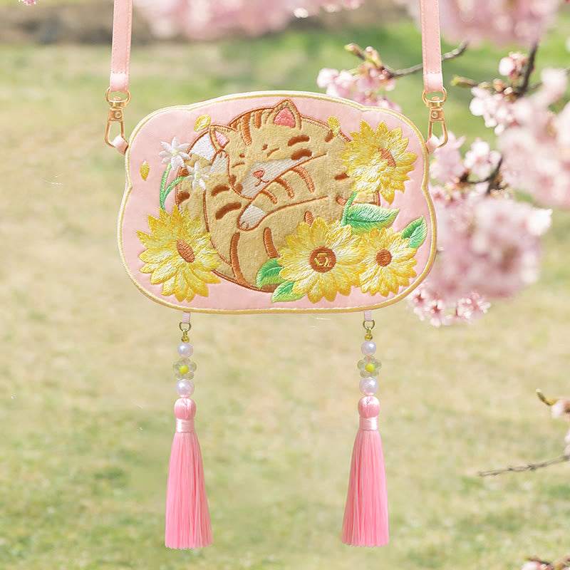 Nimara Ritual Embroidery Lucky Panda Cat Shiba Inu Deer Rabbit Fox Flower Cute Animal Hanfu Bag Crossbody Bag Shoulder Bag