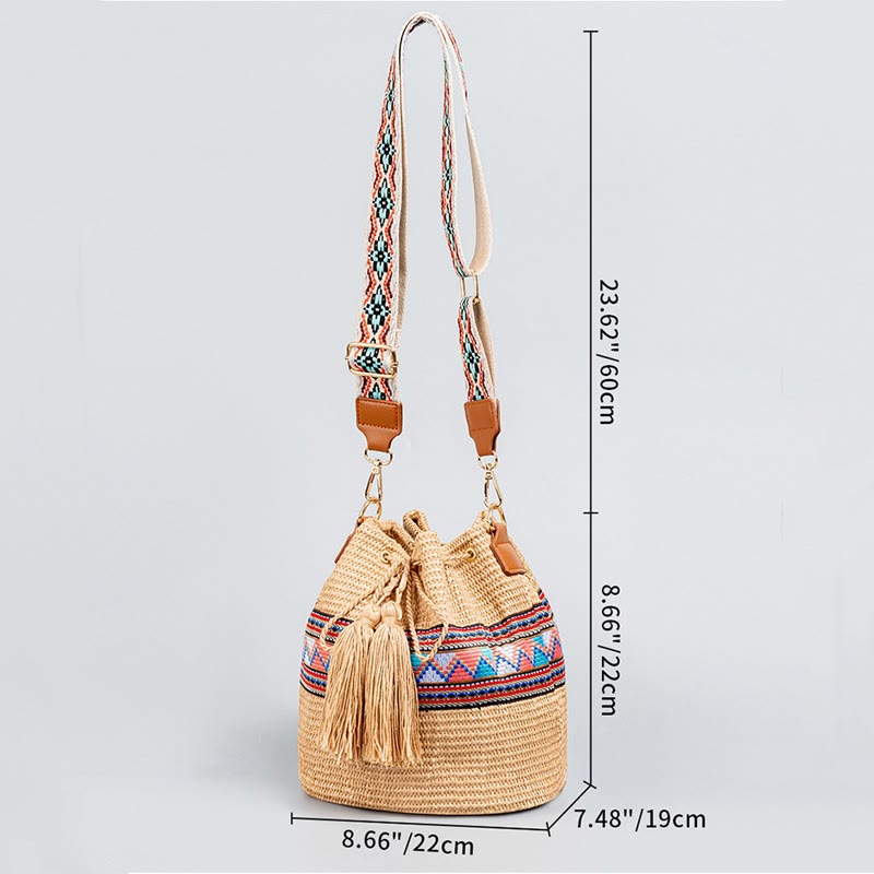 Nimara Ritual Beach Geometry Straw Woven Bucket Tassels Crossbody Bag Shoulder Bag
