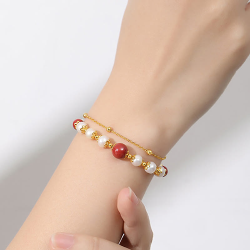 Nimara Ritual 925 Sterling Silver Pearl Cinnabar Wisdom Bead Double Layer Chain Bracelet