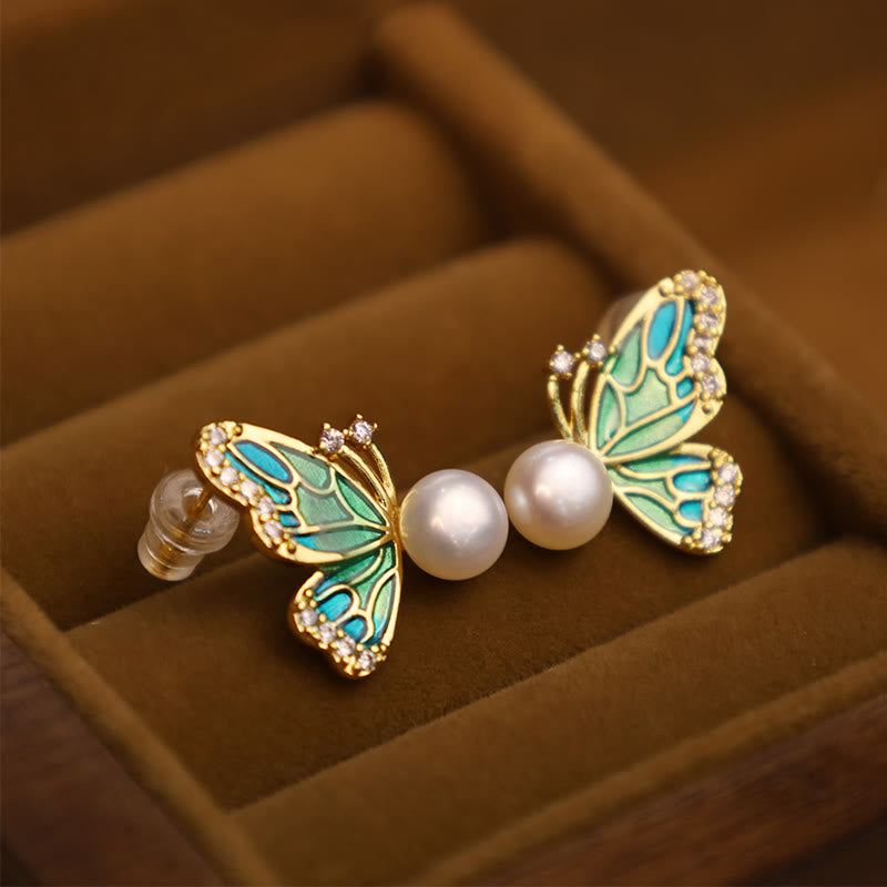 Nimara Ritual 925 Sterling Silver Posts 18K Gold Plated Copper Natural Pearl Butterfly Healing Stud Earrings