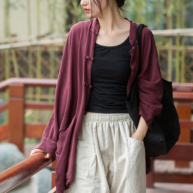 Nimara Ritual Frog-Button Long Sleeve Zen Meditation Open Front Jacket With Pockets