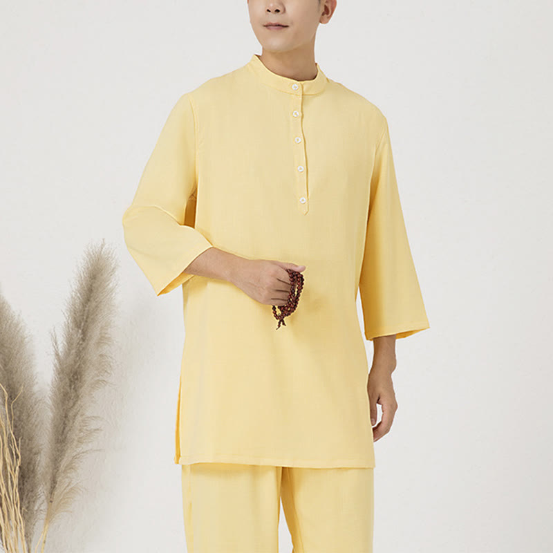 Nimara Ritual 2Pcs Buttons Men's Three Quarter Sleeve Shirt Top Pants Meditation Zen Tai Chi Cotton Linen Clothing Set