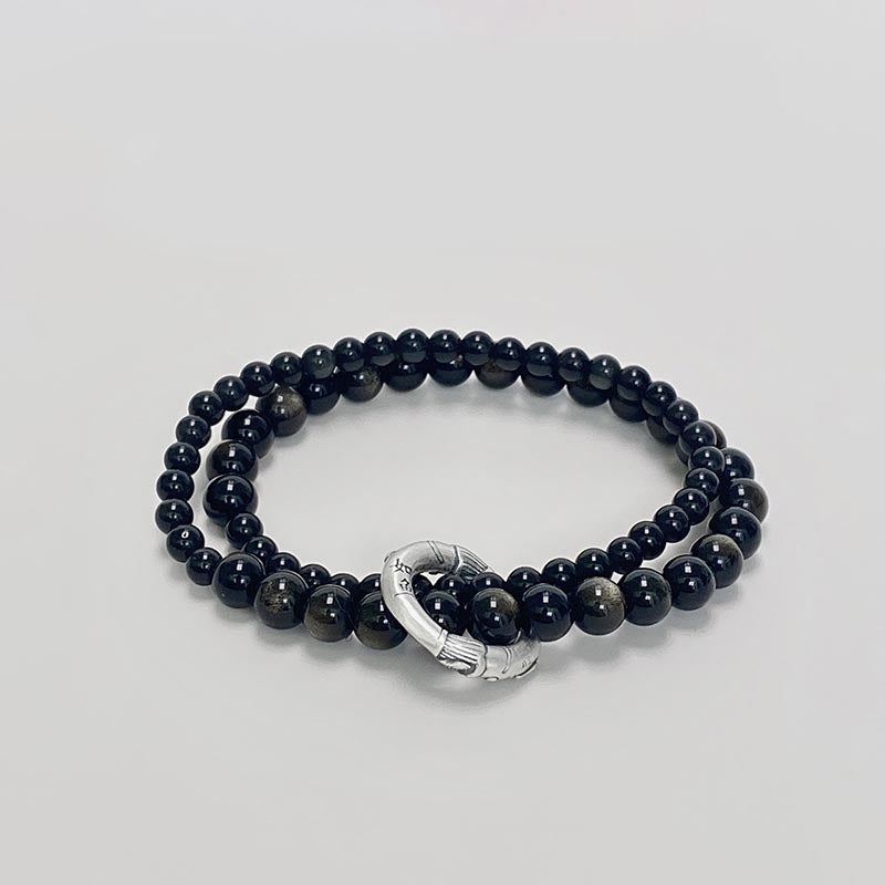 Nimara Ritual 999 Sterling Silver Black Obsidian Fulfillment Strength Double Layer Bracelet