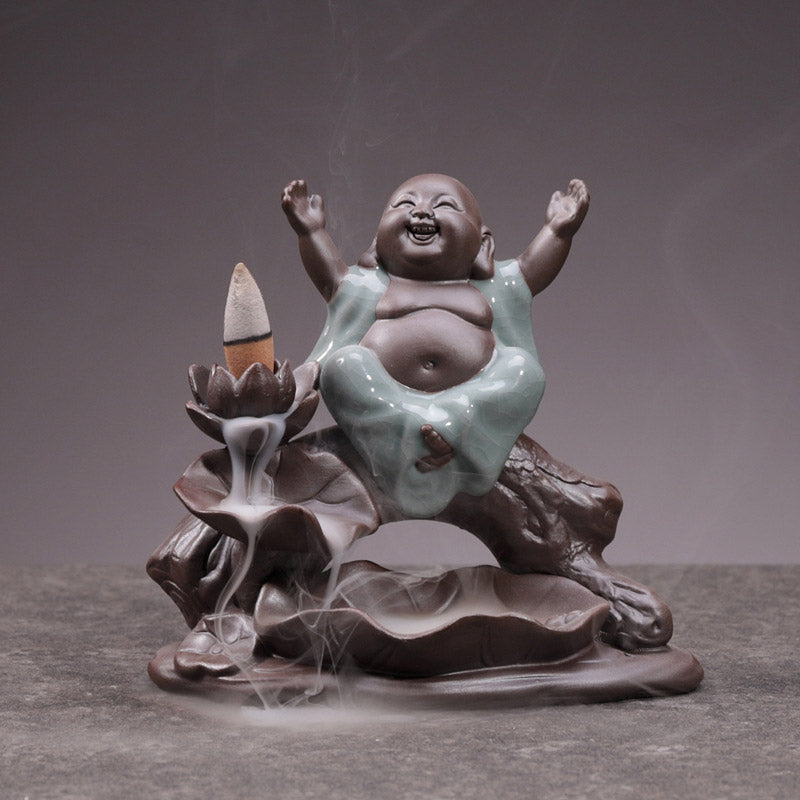 Nimara Ritual Little Monk Ceramic Lotus Blessing Incense Burner Decoration