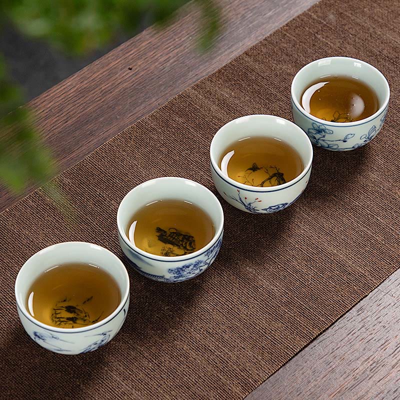 Nimara Ritual Blue Landscape Mountains Lotus Cute Cat Pavilions Magnolia Reed Egrets Ceramic Teacup Small Kung Fu Tea Cup