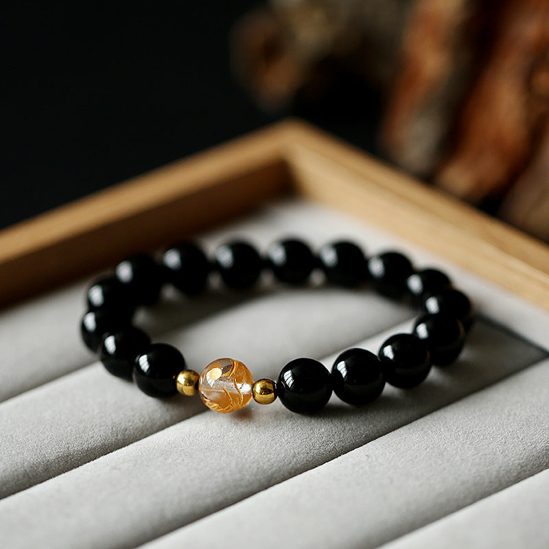 Nimara Ritual Natural Black Obsidian White Crystal Black Onyx Dragon Strength Bracelet
