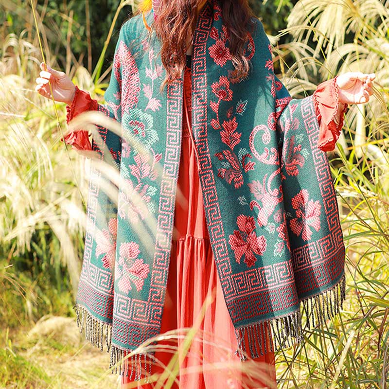 Nimara Ritual Tibetan Flowers Leaves Pattern Design Shawl Cozy Travel Scarf Wrap