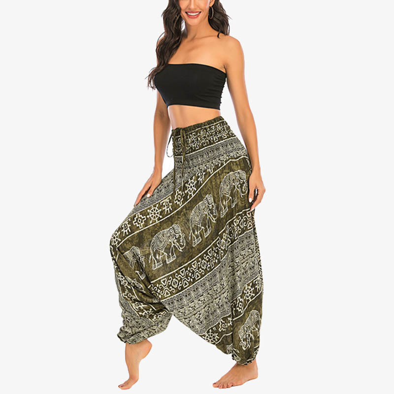 Nimara Ritual Two Style Wear Elephant Pattern Loose Smocked Harem Trousers Jumpsuit Women's Yoga Pants