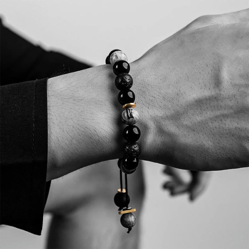 Nimara Ritual Black Obsidian Lava Rock Stone Yin Yang Strength Bracelet
