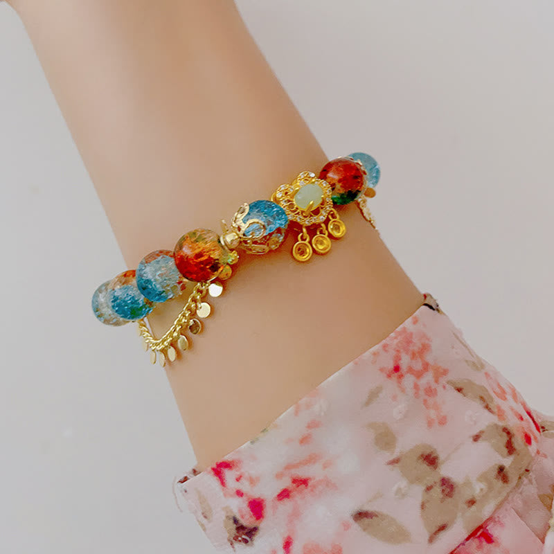 Nimara Ritual Colorful Liuli Glass Bead Chinese Lock Charm Fortune Bracelet