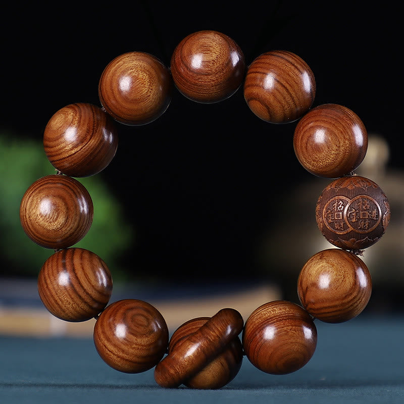 Nimara Ritual Chinese Zodiac Rosewood Green Sandalwood Ebony Wood Copper Coin Carved Calm Bracelet