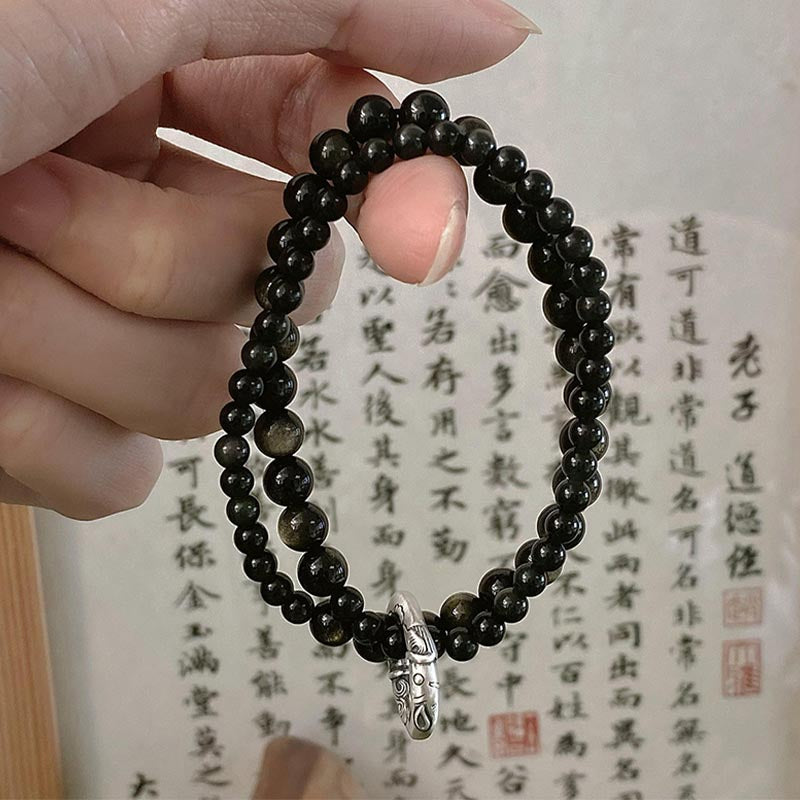 Nimara Ritual 999 Sterling Silver Black Obsidian Fulfillment Strength Double Layer Bracelet