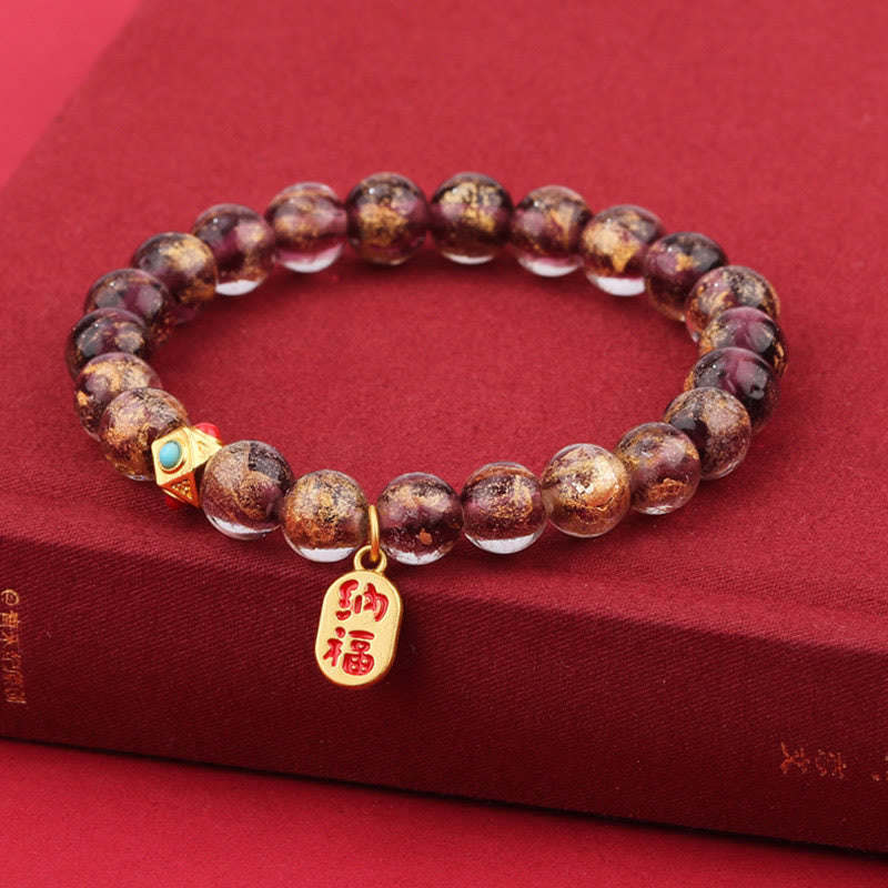 Nimara Ritual Tibetan Incense Ash Liuli Glass Bead Lucky Fortune Fu Character Charm Bracelet