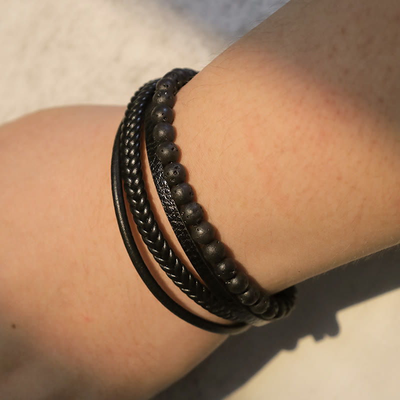 Nimara Ritual Natural Lava Rock Black Onyx Bead Leather Bracelet