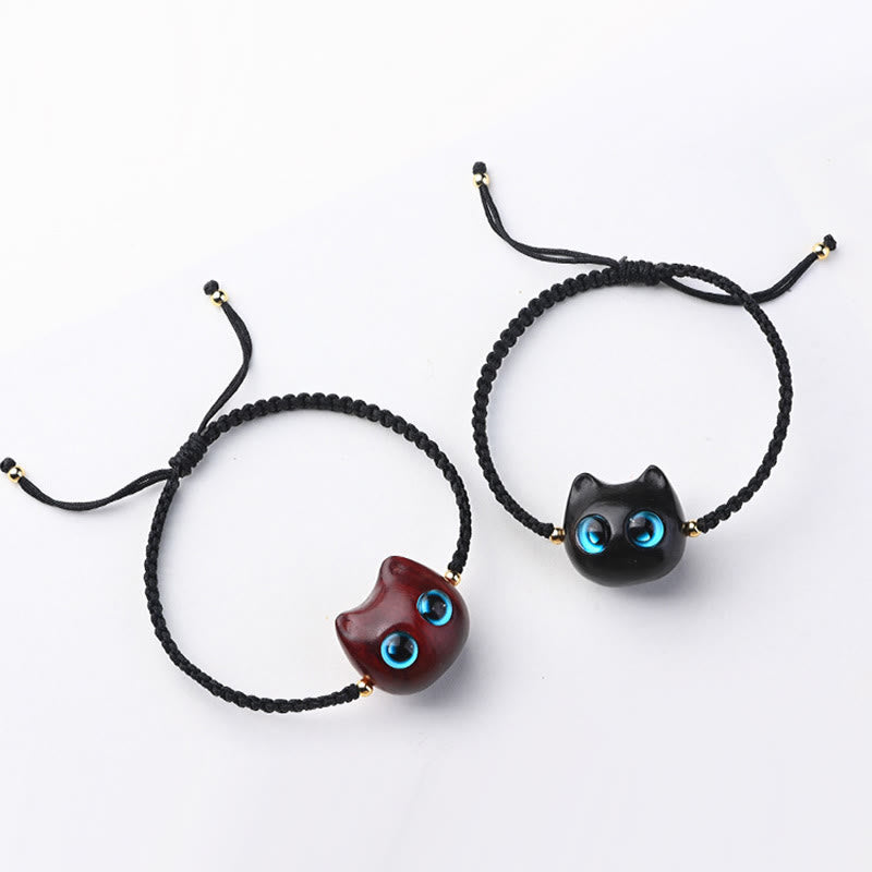 Nimara Ritual Small Leaf Red Sandalwood Ebony Wood Cute Cat Head Calm Protection Braided Bracelet