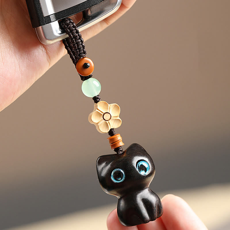 Nimara Ritual Mini Small Leaf Red Sandalwood Ebony Wood Lucky Cat Lovely Kitty Peace Key Chain Phone Hanging Decoration