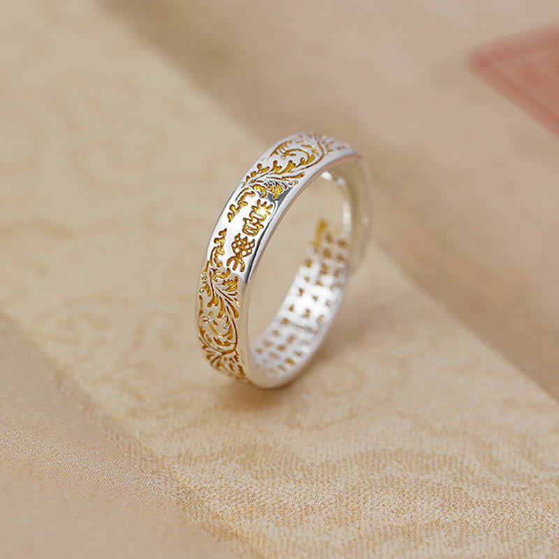 Nimara Ritual Peace and Joy Tang Dynasty Flower Design Lotus Heart Sutra Carved Copper Luck Adjustable Ring